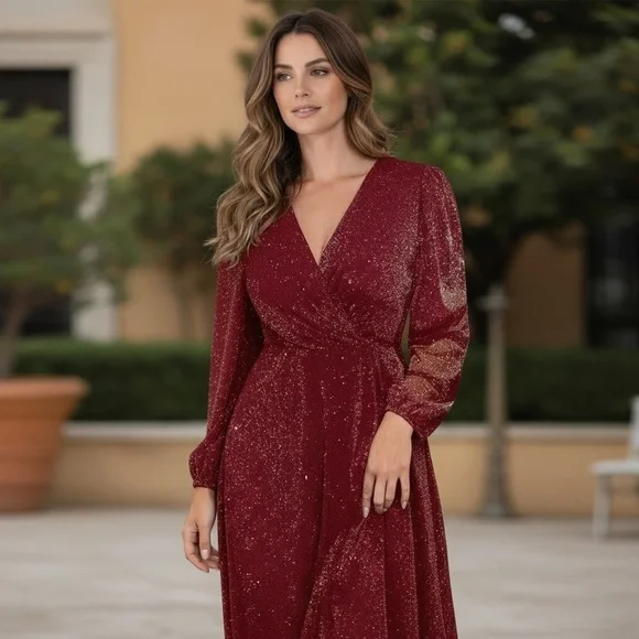 Women’s V-Neck Cinched Waist A-line Dress - Picture 3 of 9